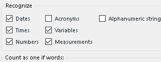 Translation Memory settings with options for recognizing Dates, Times, Numbers, Acronyms, Variables, Measurements, and Alphanumeric strings.