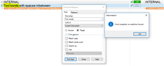Trados Studio Ideas search function with 'Two*words with spaces in between' entered, showing an 'Information' pop-up with 'Find complete: no matches found.'