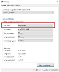 Windows settings dialog showing the 'Short date' format customized to 'dd.MM.yyyy' highlighted in red.