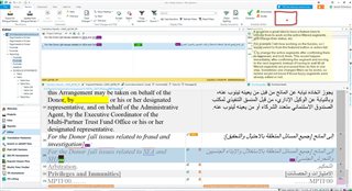 Screenshot of Trados Studio interface with a document open, showing text in English and Arabic. A red error icon is visible in the top right corner.