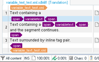 Screenshot of SDL Trados Studio 2017 showing incorrect segmentation. Segment 1 misses inline tags, segment 2 includes them, and segment 3 is correct.