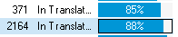 Screenshot showing two files in Trados Studio Ideas. The first file has 371 words at 85% completion. The second file has 2164 words at 88% completion.