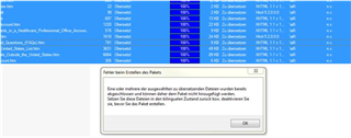 Screenshot of Trados Studio with an error dialog box titled 'Fehler beim Erstellen des Pakets'. The error message states that some files are finalized and must be set back to bilingual to proceed. Behind the dialog, a project file list is partially visible.