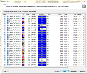 Screenshot of Trados Studio Ideas showing a file selection window in batch mode with multiple files and languages listed without 'Select all' or 'Unselect all' options.