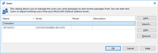 Trados Studio Ideas 'Users' dialog box showing a generic user named 'Translator' with empty email, phone, and description fields.