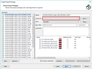 Create Project Package window with 'Assign to' field highlighted, showing it is empty by default and requires manual input for each package.