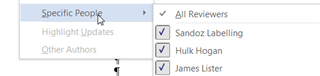 Dropdown menu in Trados Studio Ideas with options for 'Specific People', 'Highlight Updates', and 'Other Authors'. Checked items include 'All Reviewers', 'Sandoz Labelling', 'Hulk Hogan', and 'James Lister'.