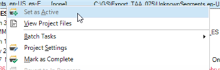 Trados Studio Ideas dropdown menu with 'Set as Active' option highlighted, indicating a user's request to change active project behavior.