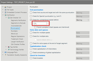 Screenshot of Trados Studio Ideas QA Checker 3.0 settings showing options for punctuation checks with 'Check for unintentional spaces before' and 'French compliant check' highlighted.