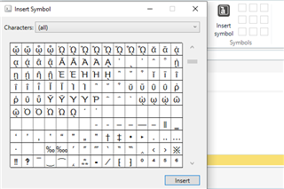 Screenshot of Trados Studio's 'Insert Symbol' dialog box showing a limited selection of symbols without additional information such as HEX or decimal codes.