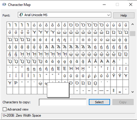 Screenshot of Windows OS 'Character Map' with a wide array of symbols, highlighting a selected symbol and displaying its HEX code and name 'U+200B: Zero Width Space' at the bottom.