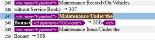 Screenshot showing Trados Studio segments with a hard return issue. Segments 247 and 248 display concatenated text 'MaintenanceUnder the Bonnet' without proper spacing.