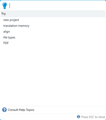Pop-up window from 'Tell me what you want to do' feature with a search bar and suggestions like new project, translation memory, file types, and PDF.