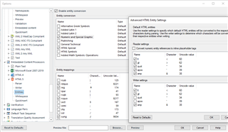 Trados Studio Ideas settings window showing Advanced HTML Entity Settings with a list of entity mappings for characters like less than, greater than, and ampersand.