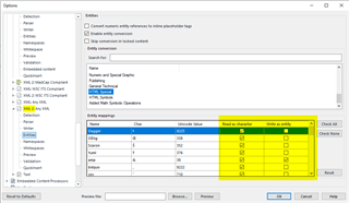 Trados Studio Ideas options window with Entity conversion checkbox selected and a table highlighting the Read as character and Write as entity settings for various HTML entities.