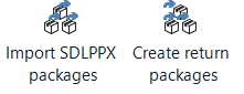 Icons for 'Import SDLPPX packages' and 'Create return packages' features in Trados Studio Ideas app.