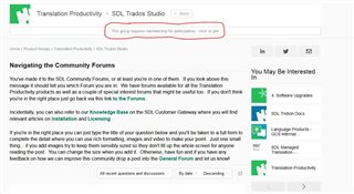 Screenshot of SDL Trados Studio webpage with a navigation guide highlighted, but no clear 'Join Group' button visible.