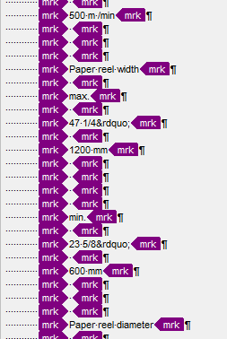 Screenshot of Trados Studio showing lengthy segments with mrk mtype='x-html'  tags, including measurements like 500 mm, 1200 mm, and paper reel width.