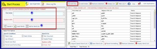 Trados Studio search options window with fields for search term and replace term, and checkboxes for case sensitivity and regular expressions.