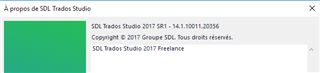 Screenshot of the 'About SDL Trados Studio' window showing version 2017 SR1 - 14.1.10011.20316 with copyright notice.