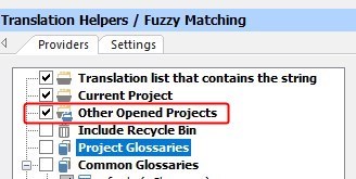 Screenshot showing Trados Studio's Translation Helpers with Fuzzy Matching tab. 'Other Opened Projects' option is checked with a red error icon next to it.