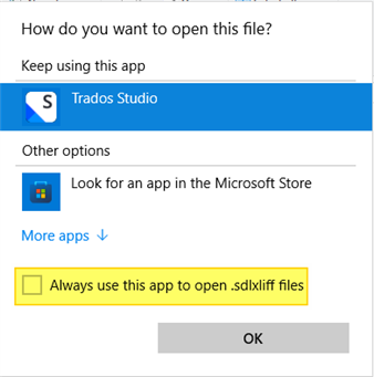 Dialog box titled 'How do you want to open this file?' with Trados Studio selected, an option to look for an app in the Microsoft Store, and a checkbox for 'Always use this app to open .sdlxliff files' highlighted.