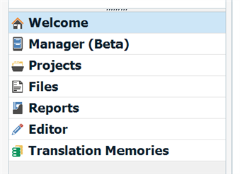 Trados Studio main menu with options for Welcome, Manager (Beta), Projects, Files, Reports, Editor, and Translation Memories.