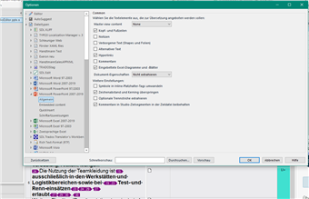 Trados Studio 2019 options menu with a warning message about the deactivation of terminology and logbook areas as well as test and release cycles.