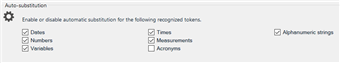 Trados Studio Auto-substitution settings with checkboxes for Dates, Numbers, Variables, Times, Measurements, and Acronyms, all unchecked.