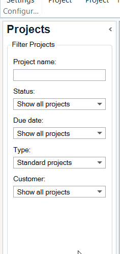 Screenshot of Trados Studio's Projects filter panel with options to filter by Project name, Status, Due date, Type, and Customer. 'Show all projects' is selected for Status and Due date, 'Standard projects' for Type.