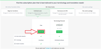 Screenshot of SDL Language Cloud subscription page, highlighting the 'Free' subscription option under 'Individual professionals using SDL Trados Studio' with a red arrow pointing to the 'Subscribe' button.