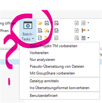 Screenshot of Trados Studio showing Batch Tasks menu with an option 'Ins  bersetzungsformat konvertieren' highlighted, indicating the file has not been converted to xliff.