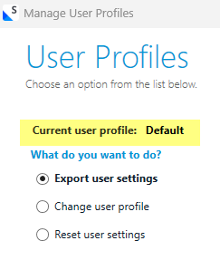 Trados Studio Manage User Profiles window showing 'Current user profile: Default' with options to export user settings, change user profile, and reset user settings.