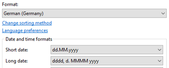 Windows 10 language preferences showing German (Germany) selected with date formats 'dd.MM.yyyy' for short date and 'dddd, d. MMMM yyyy' for long date.