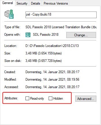 File properties dialog showing 'psl - Copy.tbicu18' with attributes options for 'Read-only' and 'Hidden' unchecked.