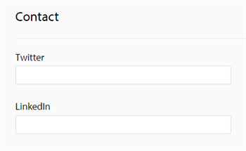 Screenshot showing a 'Contact' section with empty input fields for 'Twitter' and 'LinkedIn'.