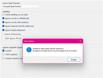 Trados Studio spell checker settings with an error message overlay stating 'Unable to select spell checker extension. Exception has been thrown by the target of an invocation.'
