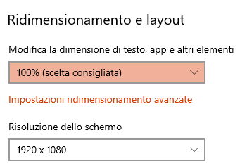 Windows display settings with text size set to 100% (recommended) and screen resolution at 1920x1080.