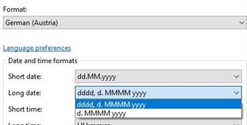 Windows 10 Language preferences showing German (Austria) format options with a space between 'd.' and 'MMMM' in the long date format.