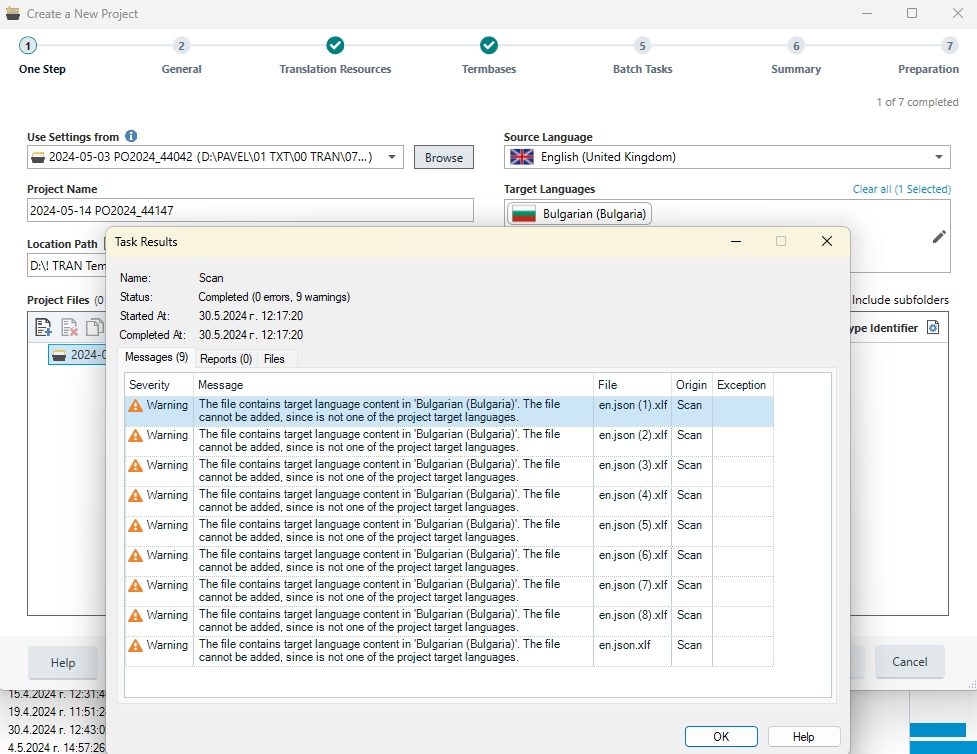 Trados Studio screenshot showing a project setup with multiple warnings. Each warning states that a file contains target language content in 'Bulgarian (Bulgaria)' and cannot be added because it is not one of the project target languages. The source language is English (United Kingdom) and the target language is Bulgarian (Bulgaria).