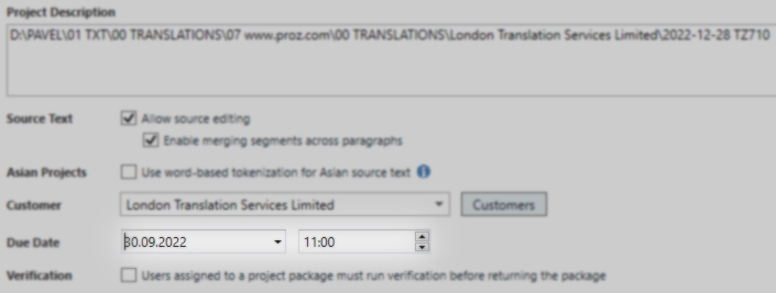 Trados Studio Project Description section with 'Due Date' field suggesting an old date instead of the current date.