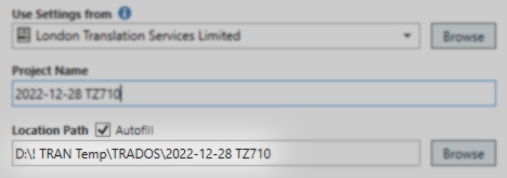 Trados Studio New Project wizard showing 'Use Settings from' dropdown with 'London Translation Services Limited' selected, and a pre-filled Location Path not suggesting the dedicated Client project directory.