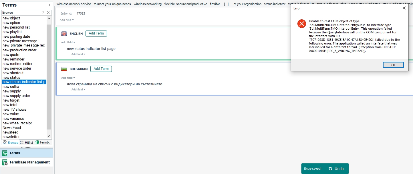 Screenshot of Trados MultiTerm showing a complex error message 'Unable to cast COM object of type' in a pop-up window.