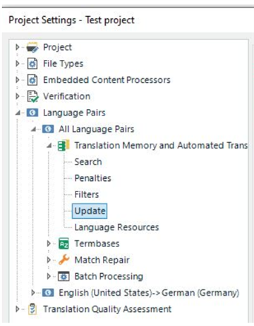 Screenshot of Trados Studio Project Settings showing the 'Update' option under 'Translation Memory and Automated Translation' settings.