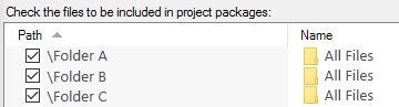 Screenshot illustrating an improved package interface with Folder A, Folder B, and Folder C, each showing an 'All Files' option for easier project packaging.