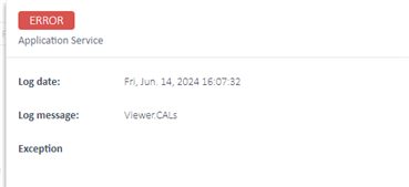 Error message from Application Service with log date Fri, Jun. 14, 2024 16:07:32 and message 'Viewer.CALs'.