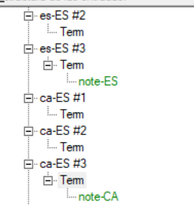 Screenshot showing Trados Studio term structure with Spanish and Catalan terms and their respective note fields labeled as note-ES and note-CA.
