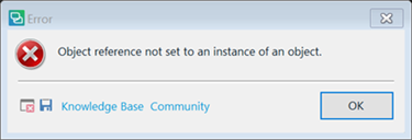 Error dialog box with a red cross icon displaying the message 'Object reference not set to an instance of an object.' with 'Knowledge Base' and 'Community' buttons and an 'OK' button.