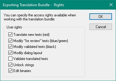 Exporting Translation Bundle - Rights dialog box with options for user rights including translate new texts, modify texts for review, validated texts, dialog layout, validate translated texts, unlock strings, and edit binaries.