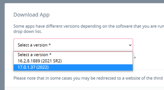 Dropdown menu for selecting a version of the Trados Compatibility and Migration Power Pack with options for 2021 SR2 and 2022.